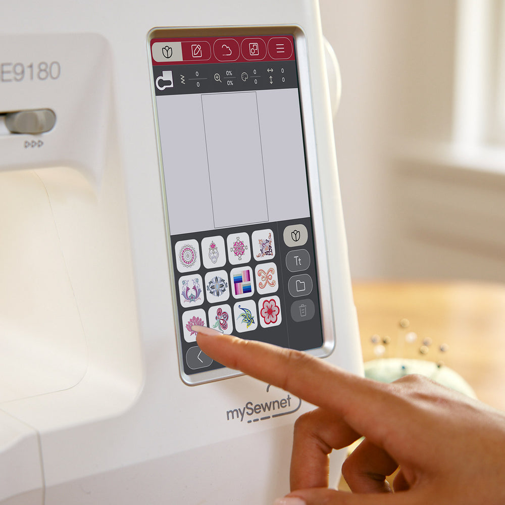 Singer SE9185 seven-inch colour touchscreen displaying embroidery designs