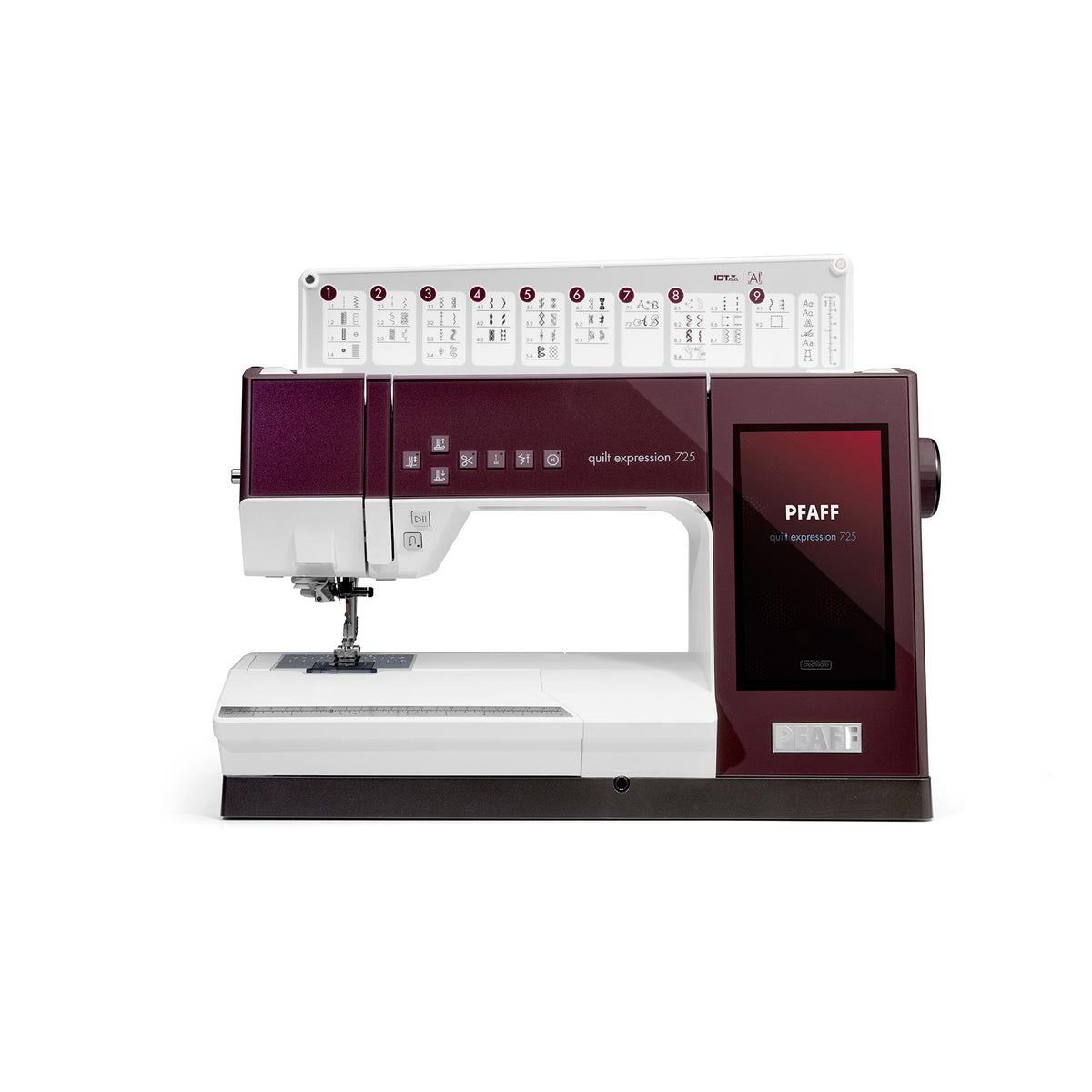 Front view of PFAFF quilt expression 725 with stitch collection display